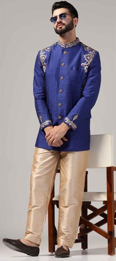 Party Wear Blue color Kurta Pyjamas in Raw Silk fabric with Embroidered, Thread work : 1943151