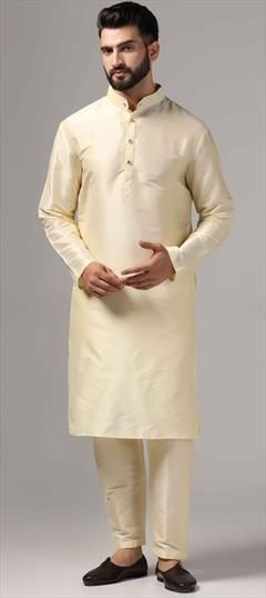 Party Wear White and Off White color Kurta Pyjamas in Raw Silk fabric with Thread work : 1943154