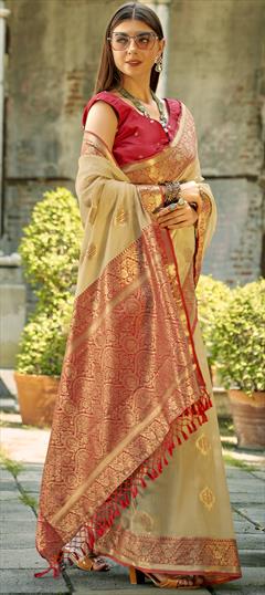 Party Wear, Traditional White and Off White color Saree in Tissue fabric with South Weaving, Zari work : 1943184