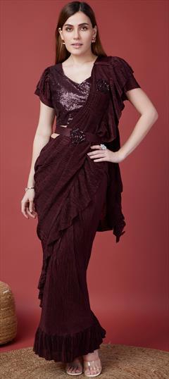 Engagement, Mehendi Sangeet, Wedding Red and Maroon color Readymade Saree in Crushed Silk fabric with Classic Sequence work : 1943187