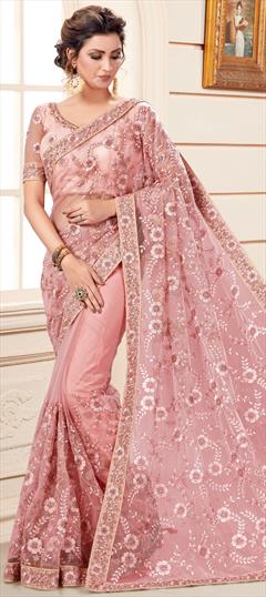 Engagement, Reception, Wedding Pink and Majenta color Saree in Crepe Silk fabric with Classic Border, Embroidered, Resham, Thread work : 1943192
