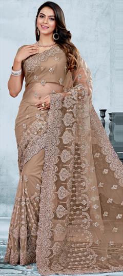 Engagement, Reception, Wedding Beige and Brown color Saree in Net fabric with Classic Embroidered, Resham, Thread work : 1943193