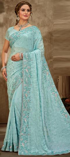 Engagement, Reception, Wedding Blue color Saree in Net fabric with Classic Embroidered, Resham, Sequence, Thread work : 1943194