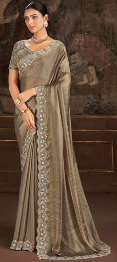 Reception, Traditional, Wedding Gold color Saree in Satin Silk fabric with Classic Border, Embroidered, Sequence, Thread work : 1943195