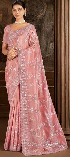 Traditional, Wedding Pink and Majenta color Saree in Silk fabric with Classic Border, Embroidered, Sequence, Thread work : 1943198