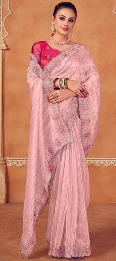 Reception, Wedding Pink and Majenta color Saree in Organza Silk fabric with Classic Embroidered, Sequence, Thread work : 1943203