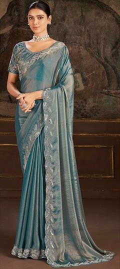 Reception, Traditional, Wedding Blue color Saree in Silk fabric with South Embroidered, Moti, Sequence work : 1943204