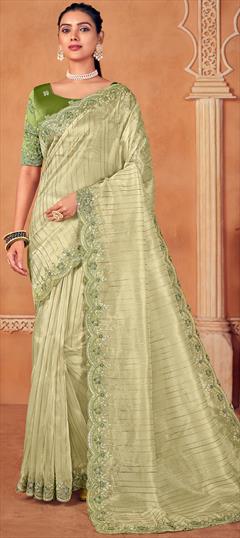 Reception, Wedding Green color Saree in Organza Silk fabric with Classic Embroidered, Sequence, Thread work : 1943208