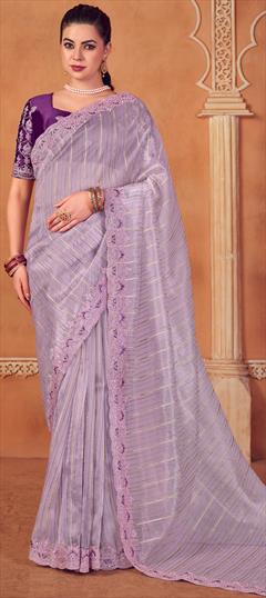 Reception, Wedding Purple and Violet color Saree in Organza Silk fabric with Classic Embroidered, Sequence, Thread work : 1943209