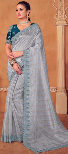 Reception, Wedding Blue color Saree in Organza Silk fabric with Classic Embroidered, Sequence, Thread work : 1943211