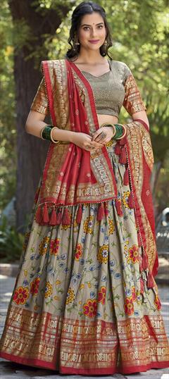 Festive, Party Wear, Traditional Black and Grey color Lehenga in Tussar Silk fabric with Flared Foil Print, Printed work : 1943267