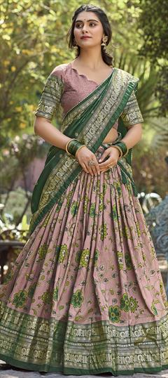 Festive, Party Wear, Traditional Pink and Majenta color Lehenga in Tussar Silk fabric with Flared Foil Print, Printed work : 1943274