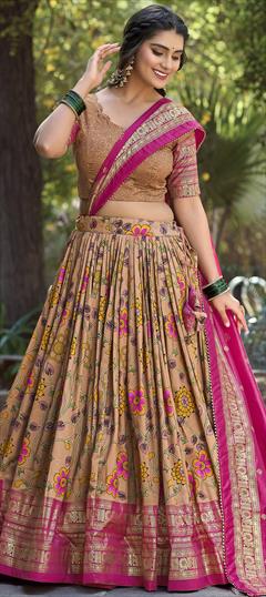 Festive, Party Wear, Traditional Yellow color Lehenga in Tussar Silk fabric with Flared Foil Print, Printed work : 1943275