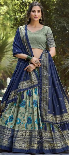 Festive, Party Wear, Traditional Green color Lehenga in Tussar Silk fabric with Flared Foil Print, Printed work : 1943276
