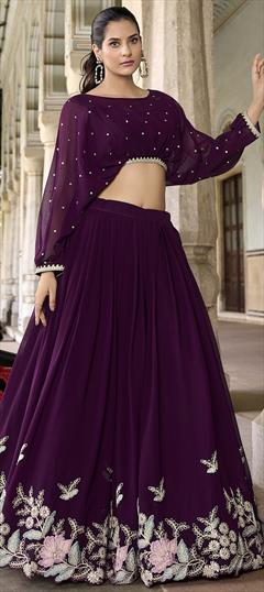 Engagement, Reception, Wedding Purple and Violet color Ready to Wear Lehenga in Georgette fabric with Flared Embroidered, Sequence, Thread work : 1943316