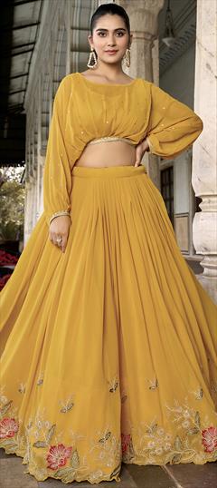 Engagement, Reception, Wedding Yellow color Ready to Wear Lehenga in Georgette fabric with Flared Embroidered, Sequence, Thread work : 1943318