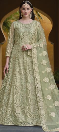 Bridal, Wedding Green color Salwar Kameez in Net fabric with Anarkali Embroidered, Resham, Stone, Thread work : 1943347