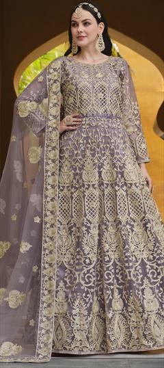 Bridal, Wedding Purple and Violet color Salwar Kameez in Net fabric with Anarkali Embroidered, Resham, Stone, Thread work : 1943348