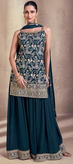 Reception, Wedding Blue color Salwar Kameez in Faux Georgette fabric with Sharara, Straight Embroidered, Resham, Sequence, Thread work : 1943353