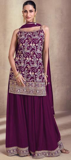 Reception, Wedding Purple and Violet color Salwar Kameez in Faux Georgette fabric with Sharara, Straight Embroidered, Resham, Sequence, Thread work : 1943354