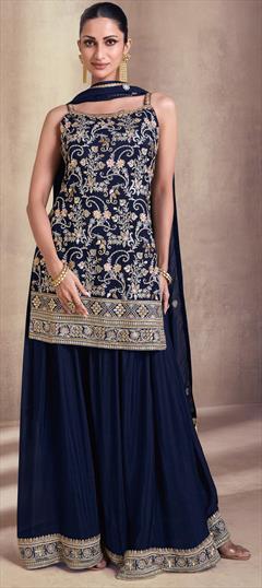 Reception, Wedding Blue color Salwar Kameez in Faux Georgette fabric with Sharara, Straight Embroidered, Resham, Sequence, Thread work : 1943355