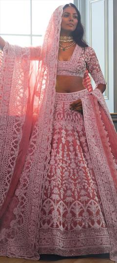 Bridal, Wedding Pink and Majenta color Lehenga in Net fabric with Flared Embroidered, Sequence, Stone work : 1943572