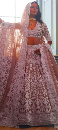 Bridal, Wedding Beige and Brown color Lehenga in Net fabric with Flared Embroidered, Sequence, Stone work : 1943573