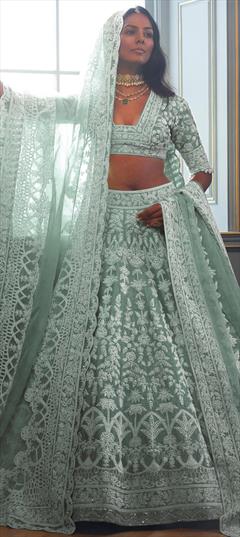 Bridal, Wedding Green color Lehenga in Net fabric with Flared Embroidered, Sequence, Stone work : 1943574