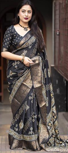 Festive, Party Wear, Traditional Black and Grey color Saree in Cotton fabric with Bengali Bandhej, Printed work : 1943585