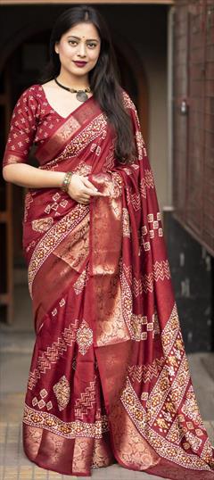 Festive, Party Wear, Traditional Red and Maroon color Saree in Cotton fabric with Bengali Bandhej, Printed work : 1943587