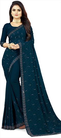 Festive, Reception Blue color Saree in Faux Georgette fabric with Classic Fancy Work work : 1943616