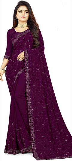 Festive, Reception Purple and Violet color Saree in Faux Georgette fabric with Classic Fancy Work work : 1943617