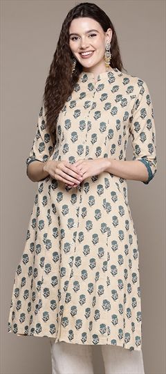 Summer Beige and Brown, Blue color Kurti in Cotton fabric with Straight Printed work : 1943628