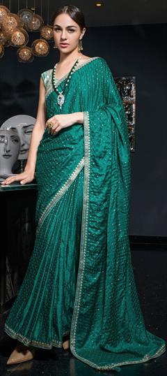 Festive, Reception, Wedding Green color Saree in Viscose fabric with Classic Embroidered, Thread, Zari work : 1943658