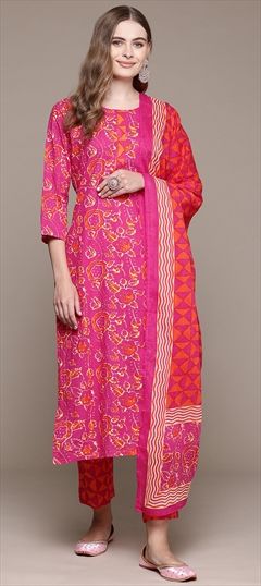 Festive, Summer Pink and Majenta color Salwar Kameez in Cotton fabric with Straight Printed work : 1943680