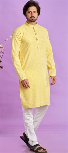 Party Wear Yellow color Kurta Pyjamas in Art Silk fabric with Embroidered, Thread work : 1943686