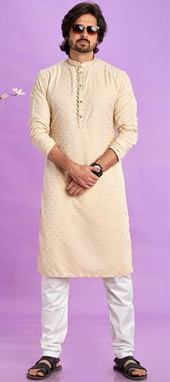Party Wear Beige and Brown color Kurta Pyjamas in Art Silk fabric with Embroidered, Thread work : 1943689