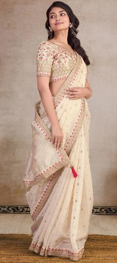 Festive, Reception, Wedding Beige and Brown color Saree in Organza Silk fabric with Classic Embroidered, Sequence, Thread work : 1943719