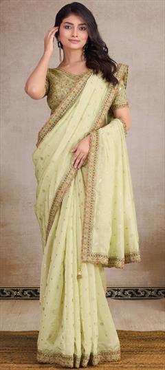 Festive, Reception, Wedding Green color Saree in Organza Silk fabric with Classic Embroidered, Sequence, Thread work : 1943724