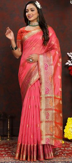 Festive, Traditional Pink and Majenta color Saree in Organza Silk fabric with Classic Weaving work : 1943845