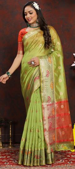 Festive, Traditional Green color Saree in Organza Silk fabric with Classic Weaving work : 1943849