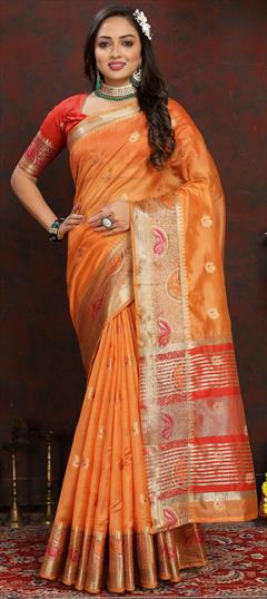 Festive, Traditional Orange color Saree in Organza Silk fabric with Classic Weaving work : 1943852