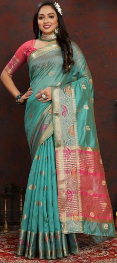 Festive, Traditional Blue color Saree in Organza Silk fabric with Classic Weaving work : 1943854