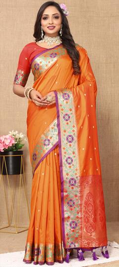 Festive, Traditional Orange color Saree in Art Silk fabric with South Weaving, Zari work : 1943899