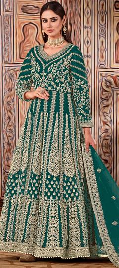 Engagement, Reception, Wedding Green color Salwar Kameez in Net fabric with Anarkali Embroidered, Sequence work : 1943932