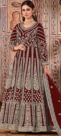 Engagement, Reception, Wedding Red and Maroon color Salwar Kameez in Net fabric with Anarkali Embroidered, Sequence work : 1943933