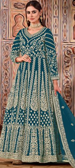Engagement, Reception, Wedding Blue color Salwar Kameez in Net fabric with Anarkali Embroidered, Sequence work : 1943934