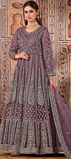 Engagement, Reception, Wedding Purple and Violet color Salwar Kameez in Net fabric with Anarkali Embroidered, Sequence work : 1943935