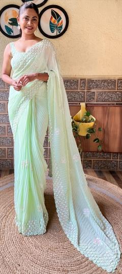 Festive, Reception Green color Saree in Faux Georgette fabric with Classic Sequence work : 1943942