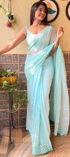 Festive, Reception Blue color Saree in Faux Georgette fabric with Classic Sequence work : 1943946